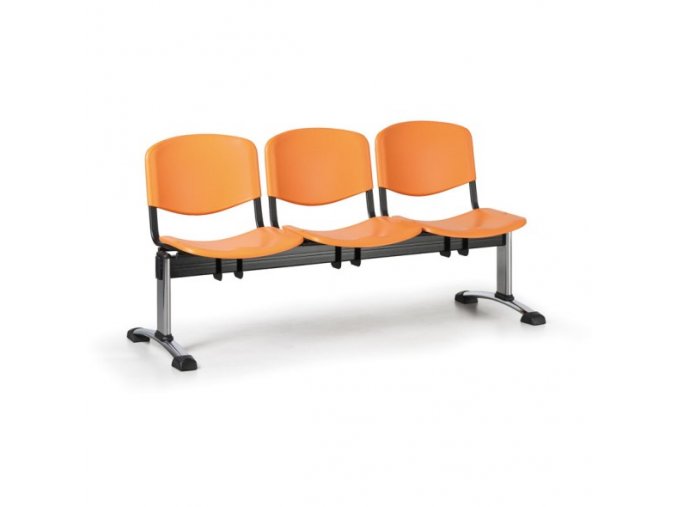 Plastová lavice do čekáren ISO, 3-sedák, oranžová, chrom nohy