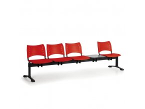 Plastová lavice do čekáren VISIO, 4-sedák, se stolkem, červená, černé nohy