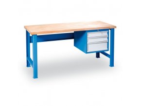Dílenský pracovní stůl GÜDE Variant se závěsným boxem na nářadí, buková spárovka, 3 zásuvky, 1500 x 685 x 850 mm, modrá