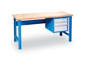 Dílenský pracovní stůl GD se závěsným boxem na nářadí, buková spárovka, 3 zásuvky, 2000 x 800 x 850 mm, modrá