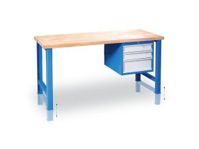 Výškově nastavitelný pracovní stůl GD se závěsným boxem na nářadí, buková spárovka, 3 zásuvky, 2000 x 800 x 850 - 1050 mm, modrá