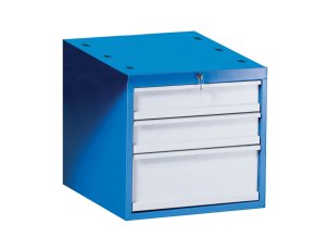 Závěsný dílenský box na nářadí k pracovním stolům GD, 3 zásuvky, zámek, 510 x 592 x 470 mm, modrá / šedá