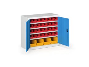 Skříň s plastovými boxy BASIC - 800 x 400 x 920 mm, 32xA/4xC, šedá/modré dveře