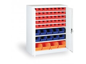 Skříň s plastovými boxy BASIC - 1150 x 400 x 920 mm, 32xA/12xB/4xC, šedá/modré dveře