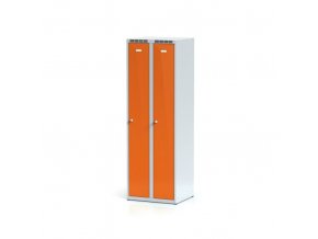 Kovová šatní skříňka, oranžové dvouplášťové dveře, otočný zámek