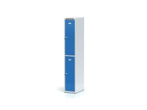Kovová šatní skříňka s úložnými boxy, 2 boxy, 1800 x 300 x 500 mm, cylindrický zámek, modré dveře