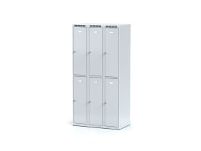 Kovová šatní skříňka s úložnými boxy, 6 boxů, 1800 x 900 x 500 mm, cylindrický zámek, šedé dveře