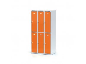 Kovová šatní skříňka s úložnými boxy, 6 boxů, oranžové dveře, otočný zámek