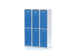 Šatní skříňka s úložnými boxy, 6 boxů, 1800 x 1200 x 500 mm, otočný zámek, modré dveře