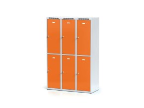 Šatní skříňka s úložnými boxy, 6 boxů, 1800 x 1200 x 500 mm, cylindrický zámek, oranžové dveře