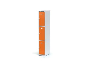Šatní skříňka s úložnými boxy, 3 boxy, 1800 x 300 x 500 mm, cylindrický zámek, oranžové dveře