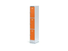 Šatní skříňka s úložnými boxy na soklu, 1920 x 300 x 500 mm, 3 boxy, cylindrický zámek, oranžové dveře
