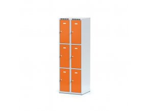 Plechová šatní skříňka s úložnými boxy, 6 boxů, oranžové dveře, otočný zámek