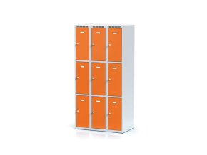 Šatní skříňka s úložnými boxy, 9 boxů, 1800 x 900 x 500 mm, otočný zámek, oranžové dveře