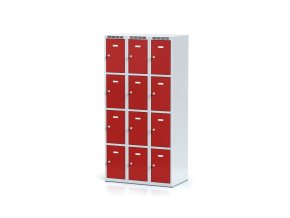 Šatní skříňka s úložnými boxy, 12 boxů, 1800 x 900 x 500 mm, cylindrický zámek, červené dveře