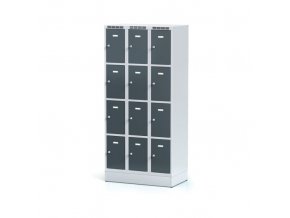 Kovová šatní skříňka na soklu s úložnými boxy, 12 boxů, tmavě šedé dveře, cylindrický zámek
