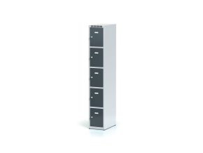 Šatní skříňka s úložnými boxy, 5 boxů, 1800 x 300 x 500 mm, cylindrický zámek, tmavě šedé dveře