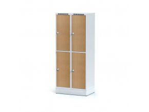 Šatní skříňka na soklu s úložnými boxy, 4 boxy 400 mm, laminované dveře buk, cylindrický zámek