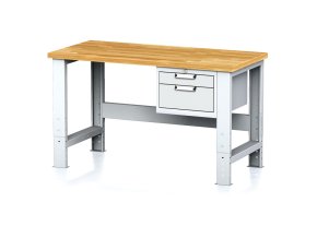 Nastavitelný dílenský stůl MECHANIC I ,závěsný box na nářadí, 2 zásuvky, 1500x685x700-1055 mm, šedé dveře