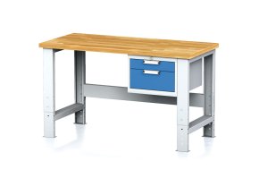 Nastavitelný dílenský stůl MECHANIC I ,závěsný box na nářadí, 2 zásuvky, 1500x685x700-1055 mm, modré dveře