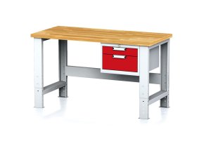 Nastavitelný dílenský stůl MECHANIC I ,závěsný box na nářadí, 2 zásuvky, 1500x685x700-1055 mm, červené dveře