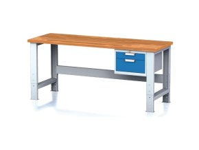 Nastavitelný dílenský stůl MECHANIC I ,závěsný box na nářadí, 2 zásuvky, 2000x685x700-1055 mm, modré dveře