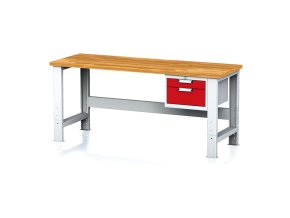Nastavitelný dílenský stůl MECHANIC I ,závěsný box na nářadí, 2 zásuvky, 2000x685x700-1055 mm, červené dveře