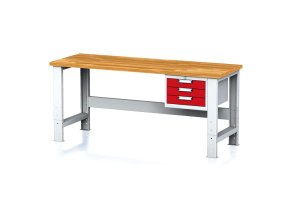 Nastavitelný dílenský stůl MECHANIC I ,závěsný box na nářadí, 3 zásuvky, 2000x685x700-1055 mm, červené dveře