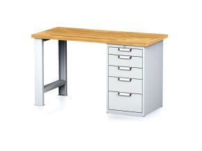 Dílenský pracovní stůl MECHANIC I, pevná noha + dílenský box na nářadí, 5 zásuvek, 1500 x 685 x 880 mm, šedé dveře