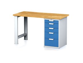 Dílenský pracovní stůl MECHANIC I, pevná noha + dílenský box na nářadí, 5 zásuvek, 1500 x 685 x 880 mm, modré dveře