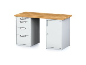 Dílenský stůl MECHANIC I se zásuvkovým boxem a skříňkou na nářadí místo nohou, 4 zásuvky, 1500 x 685 x 880 mm, šedé dveře