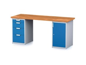 Dílenský stůl MECHANIC I se zásuvkovým boxem a skříňkou na nářadí místo nohou, 4 zásuvky, 2000 x 685 x 880 mm, modré dveře
