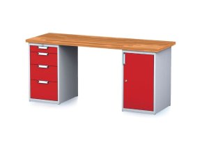 Dílenský stůl MECHANIC I se zásuvkovým boxem a skříňkou na nářadí místo nohou, 4 zásuvky, 2000 x 685 x 880 mm, červené dveře