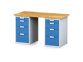 Dílenský stůl MECHANIC I se 2 zásuvkovými dílenskými boxy na nářadí místo nohou, 8 zásuvek, 1500 x 685 x 880 mm, modré dveře