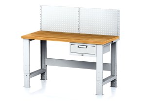 Nastavitelný dílenský stůl MECHANIC I , závěsný box na nářadí, nástavba,1 zásuvka, 1500x685x700-1055 mm, šedé