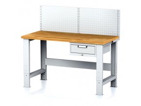 Nastavitelný dílenský stůl MECHANIC I , závěsný box na nářadí, nástavba,1 zásuvka, 1500x700x700-1055 mm, šedé
