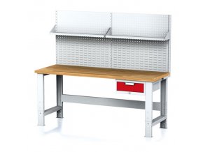 Nastavitelný dílenský stůl MECHANIC I , závěsný box na nářadí, nástavba, police, 1 zásuvka, 2000x700x700-1055 mm, červené