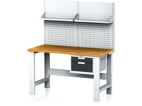 Nastavitelný dílenský stůl MECHANIC I , závěsný box na nářadí, nástavba, police, 2 zásuvky, 1500x685x700-1055 mm, antracit