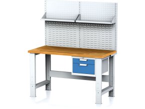 Nastavitelný dílenský stůl MECHANIC I , závěsný box na nářadí, nástavba, police,2 zásuvky, 1500x685x700-1055 mm, modré