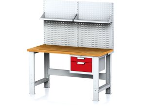 Nastavitelný dílenský stůl MECHANIC I , závěsný box na nářadí, nástavba, police, 2 zásuvky, 1500x685x700-1055 mm, červené