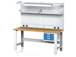 Nastavitelný dílenský stůl MECHANIC I + závěsný box, nástavba, police, el. zásuvky a osvětlení,3 zásuvky, 2000x700x700-1055 mm, modré