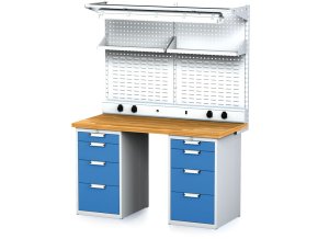 Dílenský stůl MECHANIC I + 2x závěsný box, nástavba, police, el. zásuvky a osvětlení , 8 zásuvek, 1500x685x880 mm, modré dveře