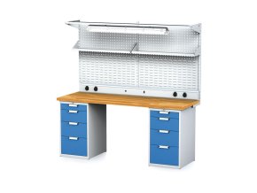 Dílenský stůl MECHANIC I + 2x závěsný box, nástavba, police, el. zásuvky a osvětlení , 8 zásuvek, 2000x685x880 mm, modré dveře