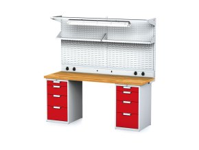 Dílenský stůl MECHANIC I + 2x závěsný box, nástavba, police, el. zásuvky a osvětlení , 8 zásuvek, 2000x685x880 mm, červené dveře