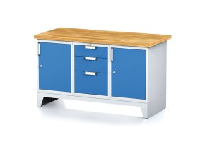 Dílenský stůl MECHANIC I, 2 skříňky a zásuvkový box na nářadí, 3 zásuvky, 1500x685x880 mm, modré dveře