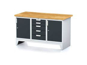 Dílenský stůl MECHANIC I, 2 skříňky a zásuvkový box na nářadí, 5 zásuvek, 1500x685x880 mm, antracitové dveře