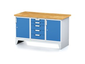 Dílenský stůl MECHANIC I, 2 skříňky a zásuvkový box na nářadí, 5 zásuvek, 1500x685x880 mm, modré dveře