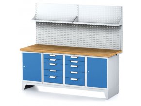 Dílenský stůl MECHANIC I, perforovaný panel, police, 2 skříňky a 2 zásuvkové boxy na nářadí, 10 zásuvek, 2000x700x880 mm, modré dveře