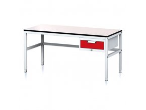 Nastavitelný dílenský stůl MECHANIC II,  1 zásuvkový box na nářadí, 1600x700x745-985 mm, šedá/červená