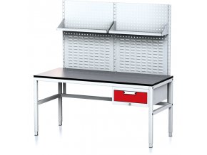 nastavitelny dilensky stul mechanic ii s perfopanelem a policemi 1 zasuvkovy box na naradi 1600x700x745 985 mm seda cervena 18027